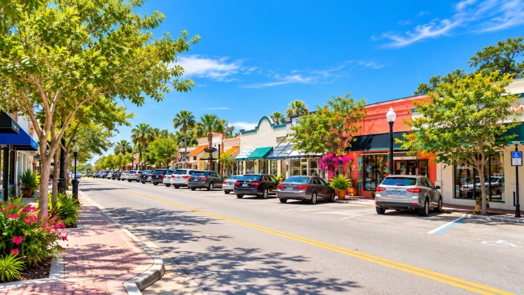 Bright and colorful downtown Dunedin Florida with local shops, palm trees and walkable streets
